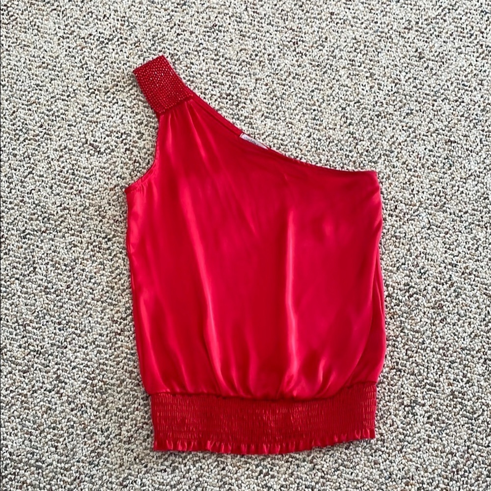Charlotte Russe Vibrant Red One Shoulder Silky Beaded Top. Small